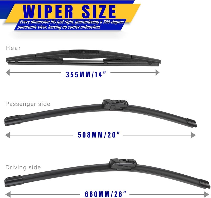 Rooppa 3 wipers Replacement for 2019-2023 Subaru Ascent, Windshield Wiper Blades Original Equipment Replacement - 26"/20"/14" (Set of 3) - Image 2